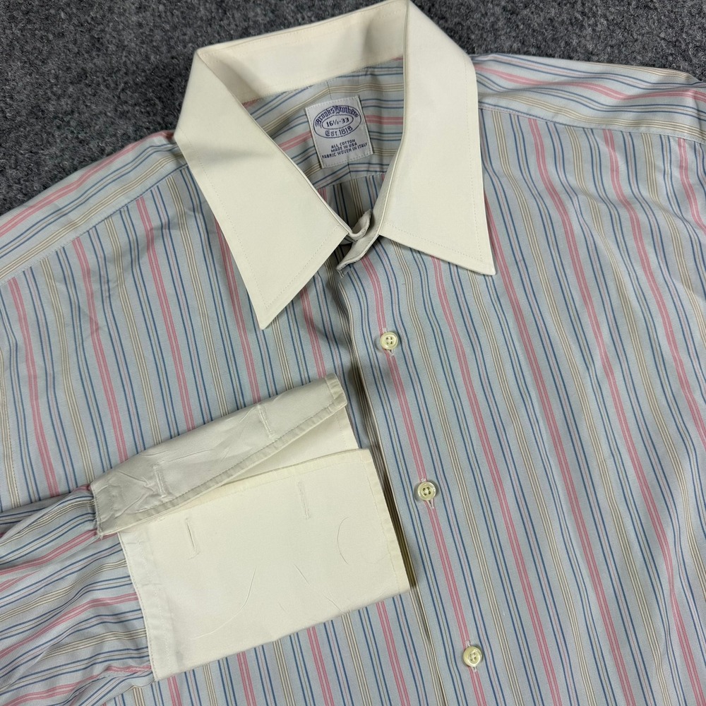 Brooks Brothers Dress Shirt Mens 16.5-33 Blue Pink Stripe Contrast French Cuff